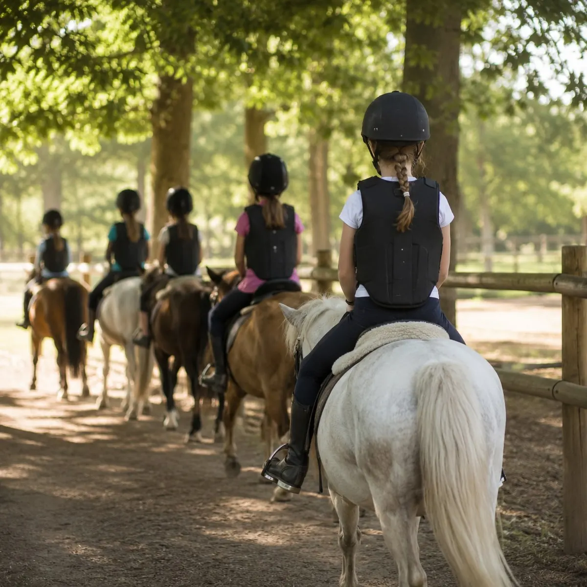 Fila di bambini con caschetto e corpetto in passeggiata sui pony